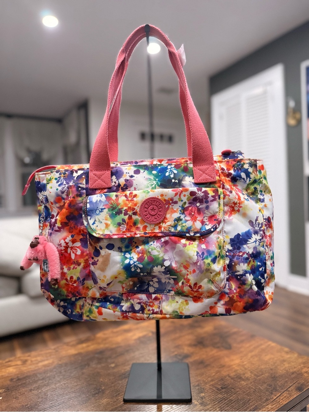 Floral Multicolor Tote Bag with Pink Handles